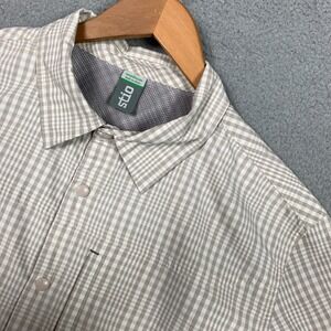 Stio Hagen Shirt Men's Medium Tan/Cream Plaid Short‎ Sleeve Vented Trail Camping